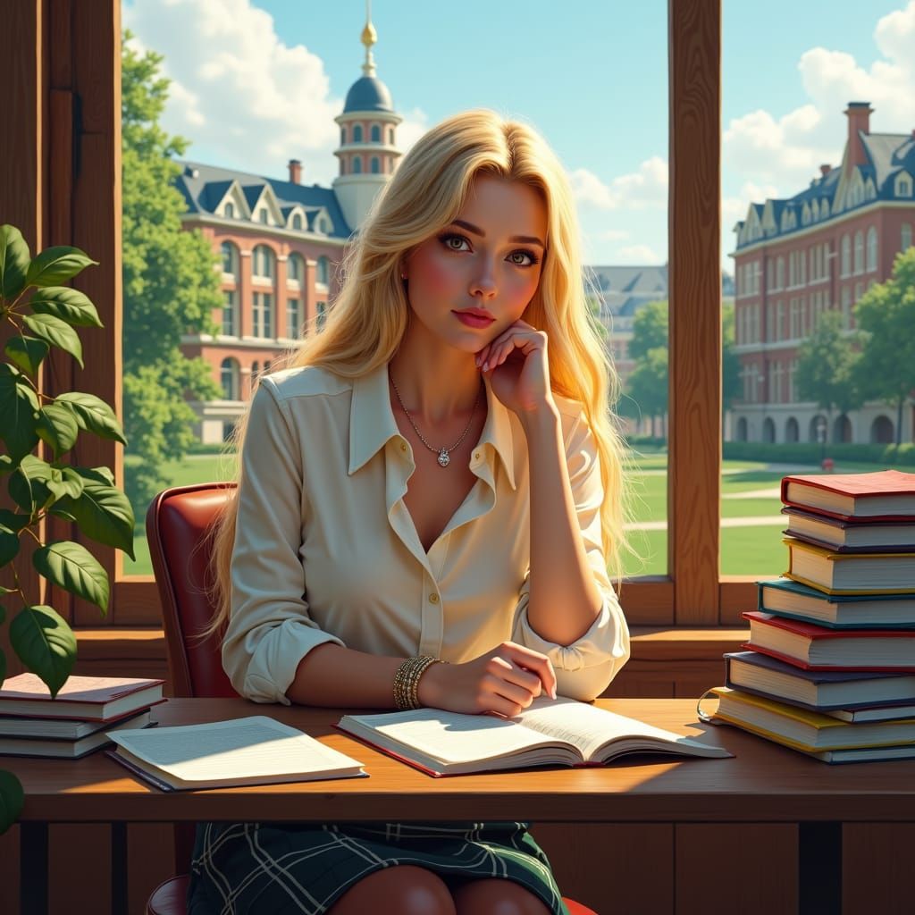 Young Blond Student Studies Biology on Prestigious College C...