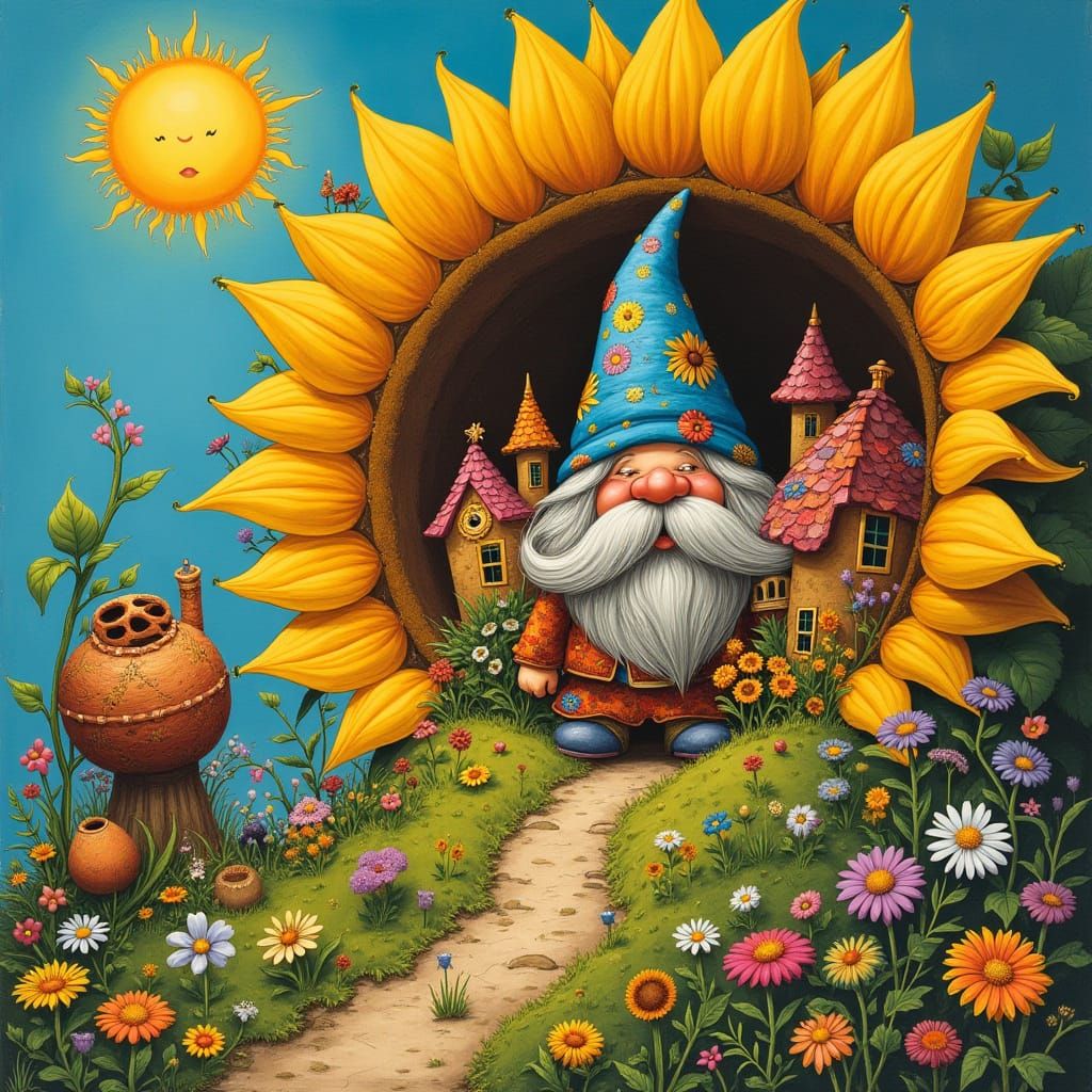 Hippie Gnome in Sunflower Village: Vintage Illustration