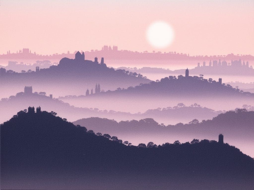 Domed Mountains and Ruined Castles in Watercolor Style