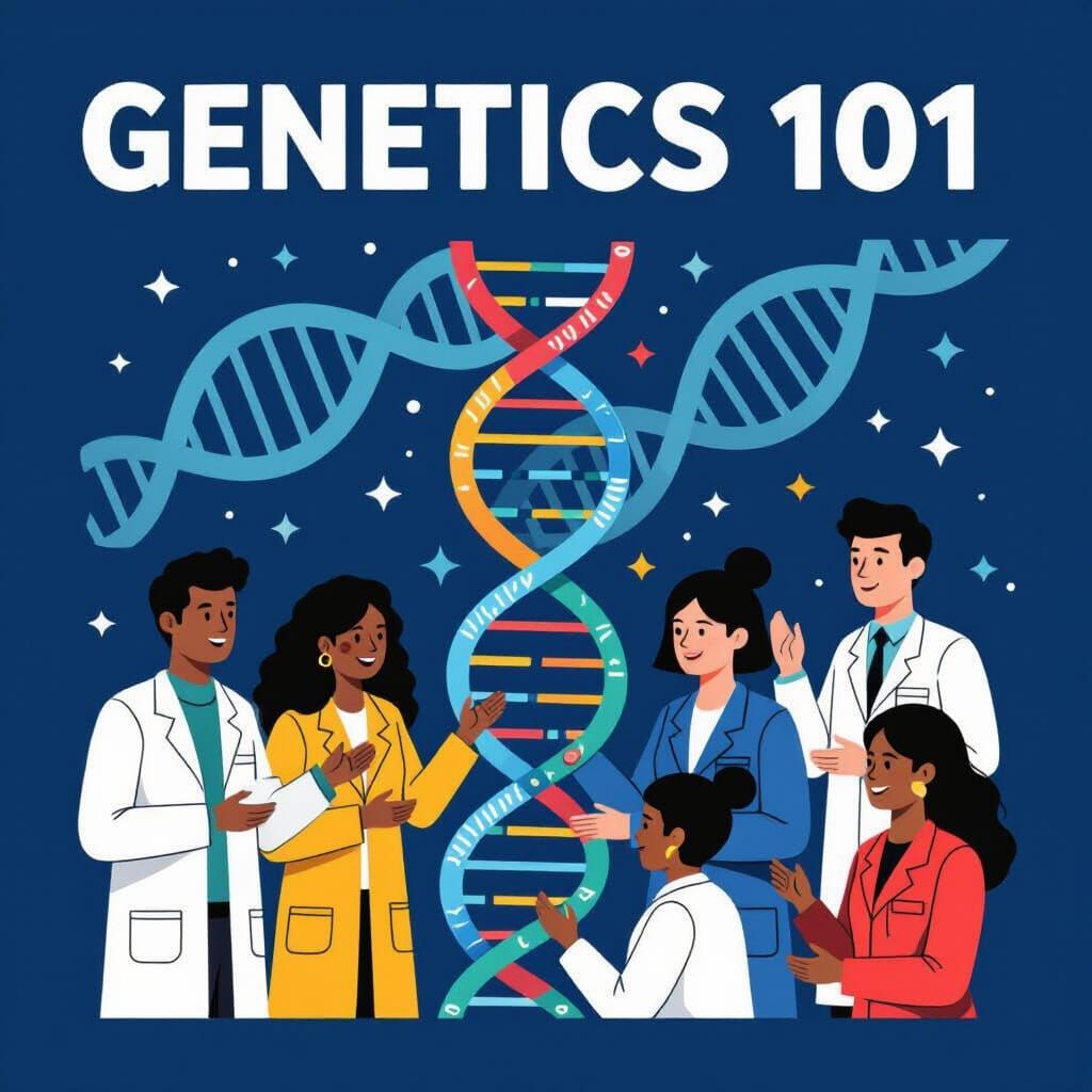 Genetics 101: Diverse Scientists & DNA Helix Graphic