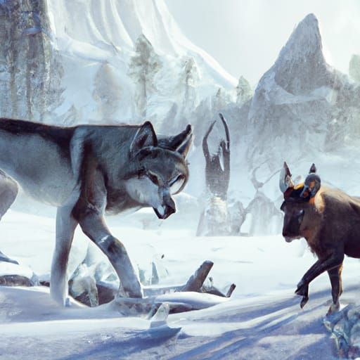 Mystical Wolf and Buck on Snowy Field