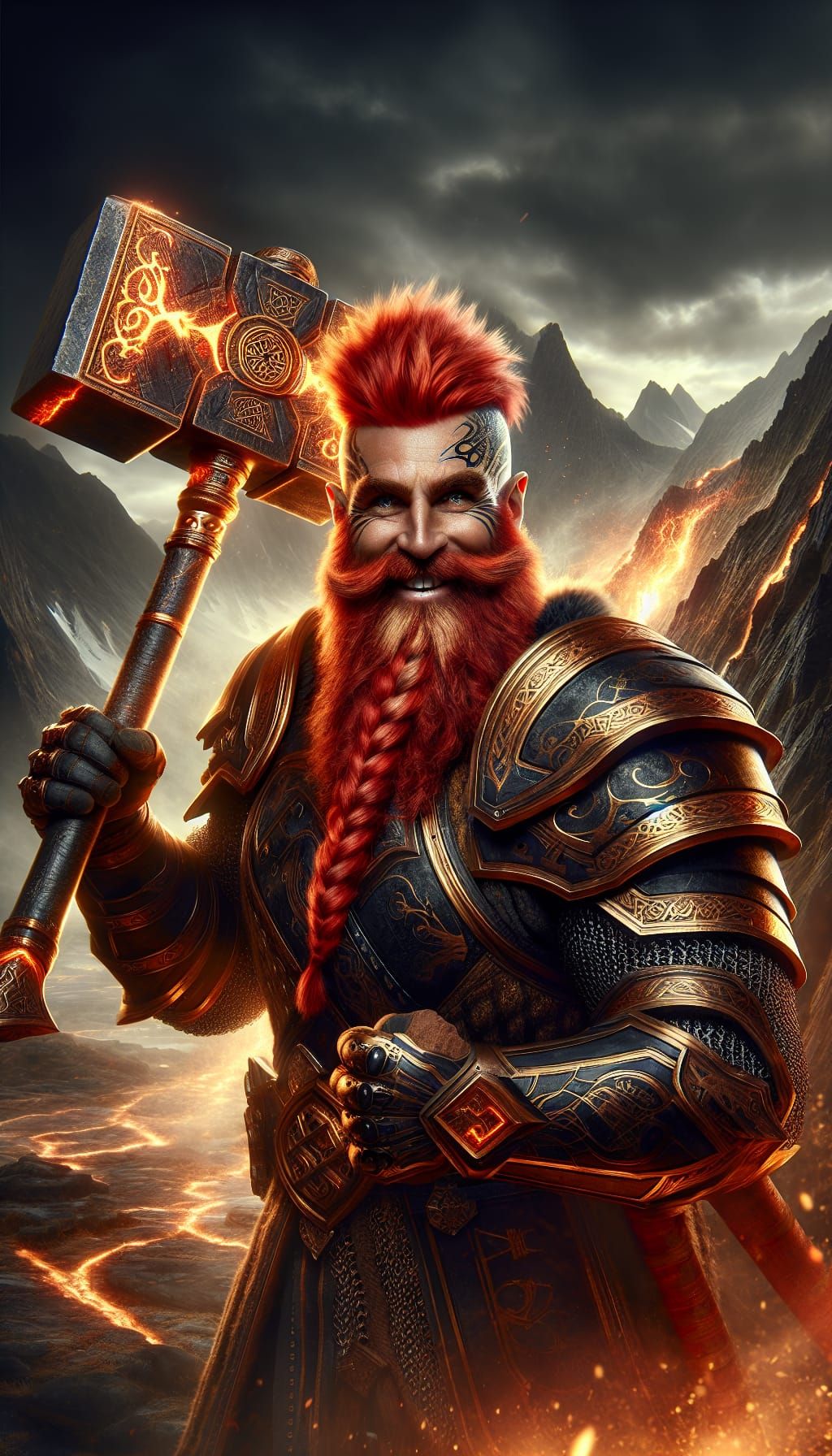 Mighty Dwarf Warrior in Black and Gold Plate Armor