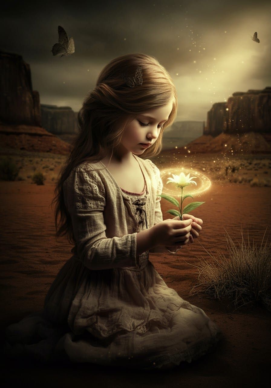 Magical Girl Nurturing Flower in Fantasy Landscape