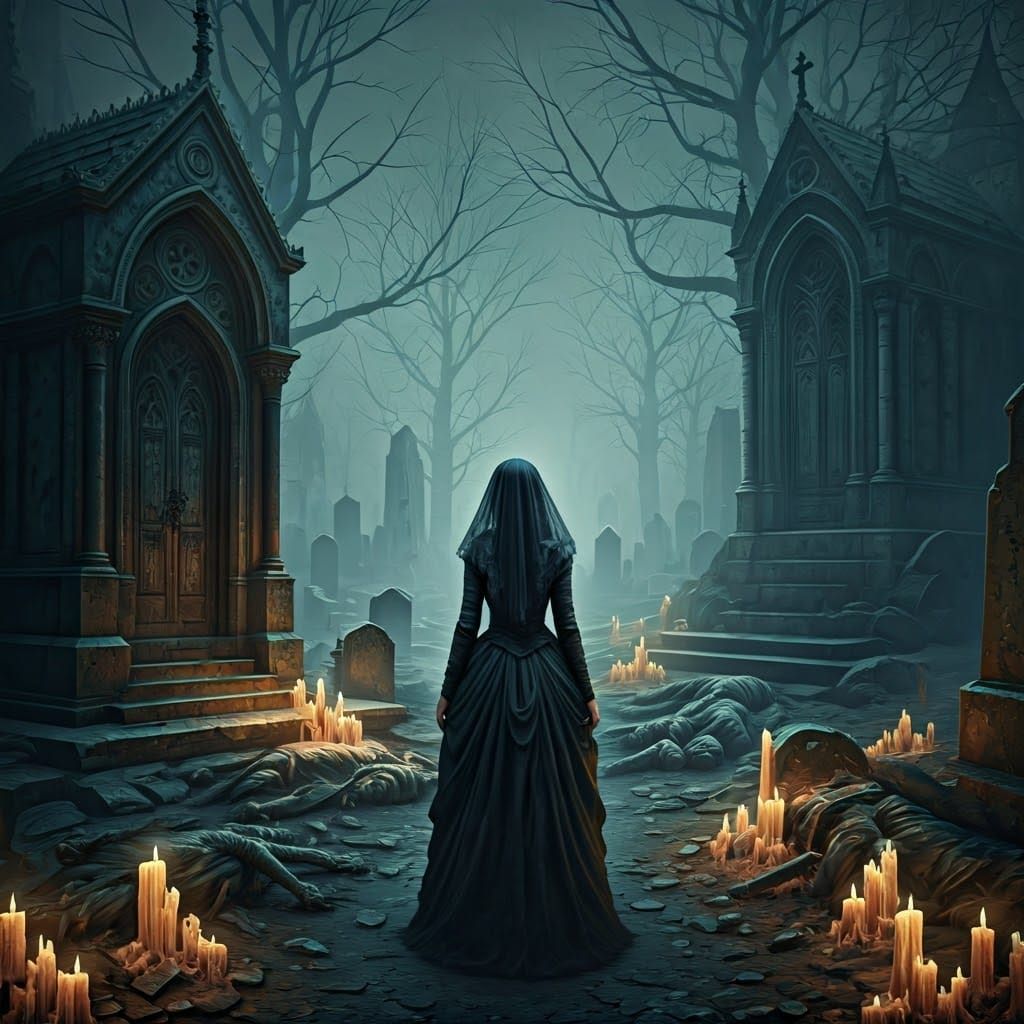 Eerie Cemetery Scene at Night in Fantasy Style
