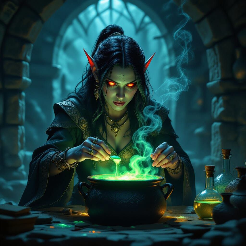 Dark Elf Alchemist Crafts Potions in Gloomy Lab