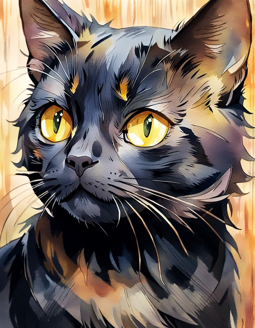 Golden-Eyed Black Cat Portrait in Watercolor Anime Style