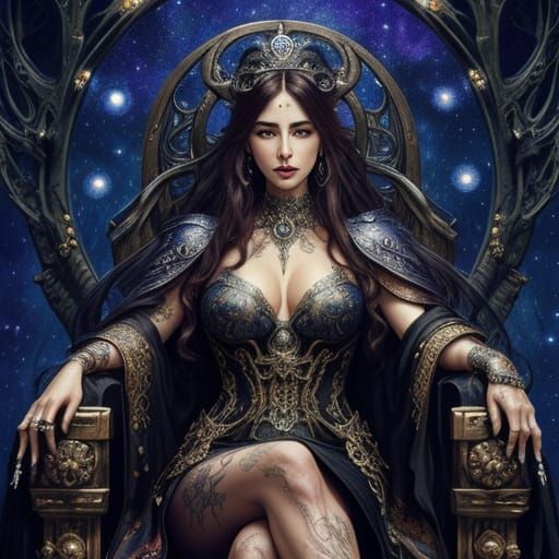 Art Nouveau Woman on Skull Throne in Royo Style