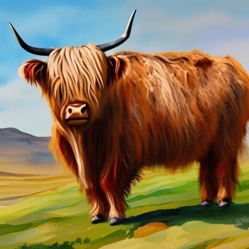 Highland Cow in Gouache Style Impressionist Painting