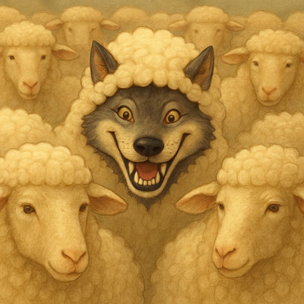 Wolf in Sheep Costume Grins Among Flock