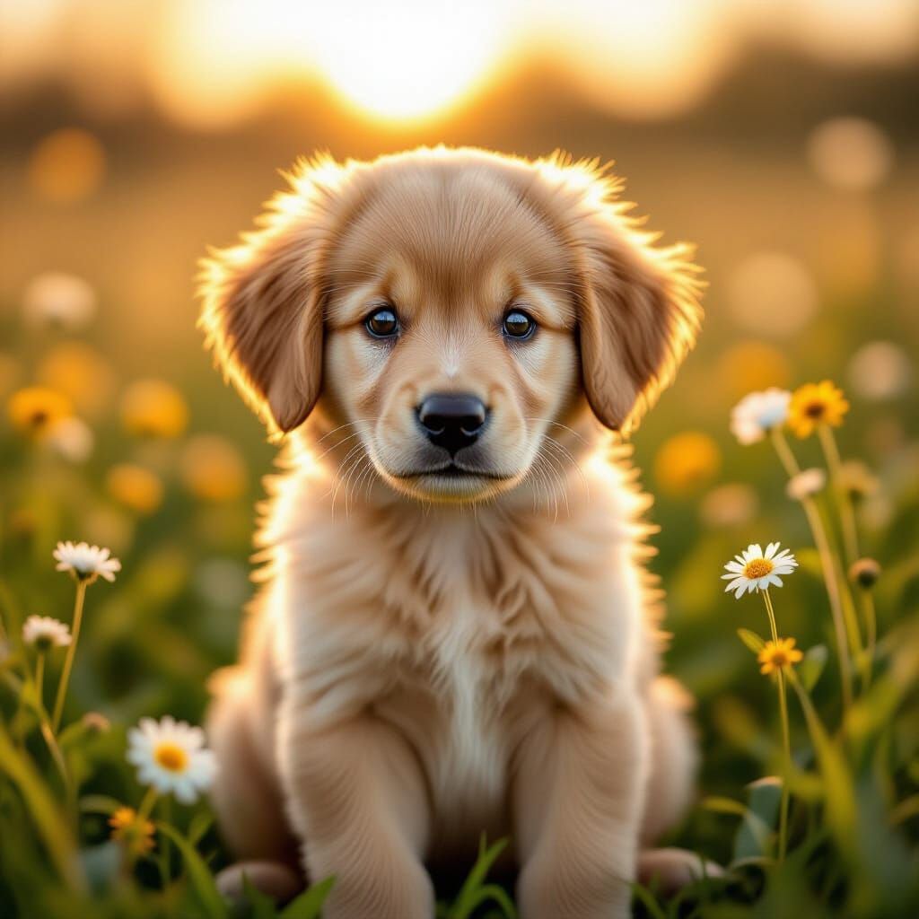 Adorable Golden Retriever Puppy in Wildflower Field