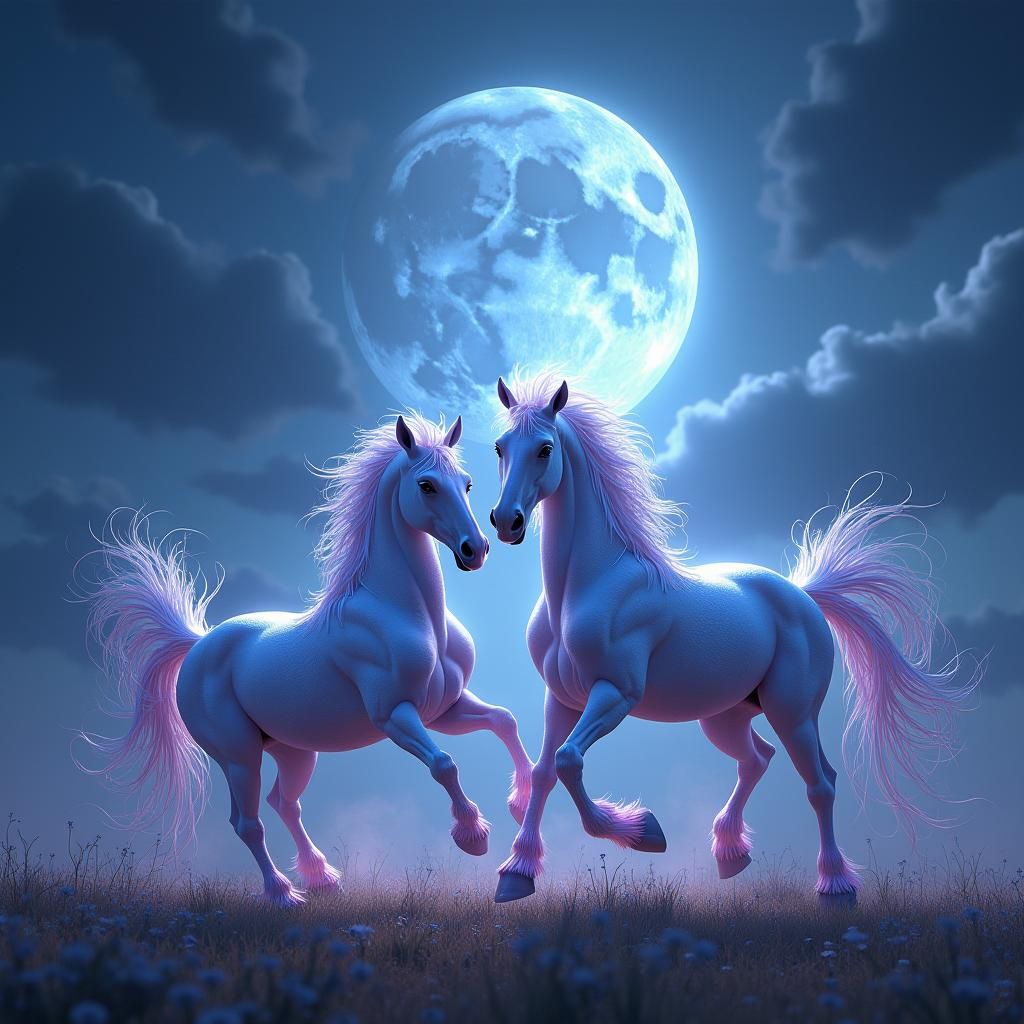 Magical Horses Dance in Moonlit Fantasy Realm