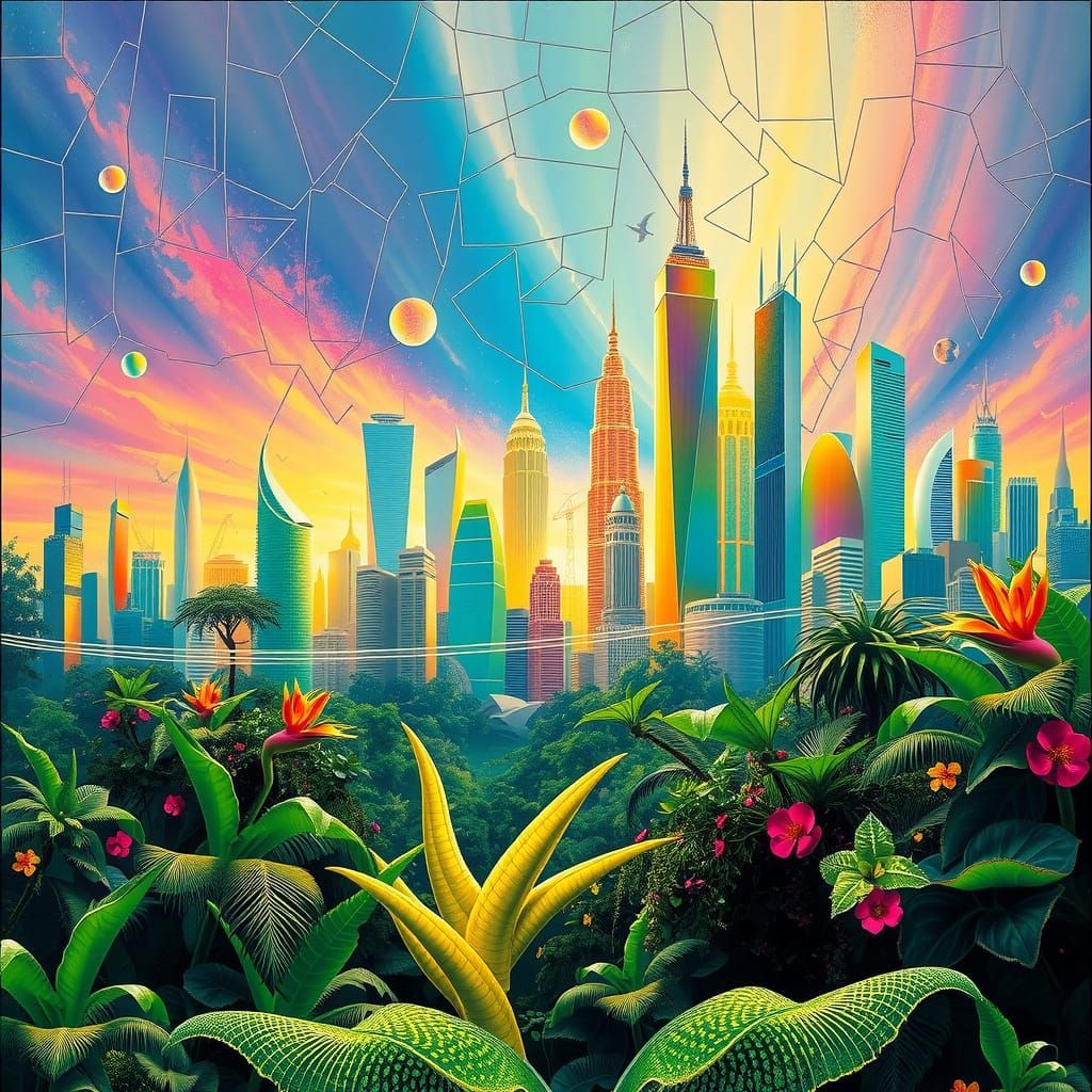 Vibrant Pastel Glass Cityscape Amidst Surreal Jungle
