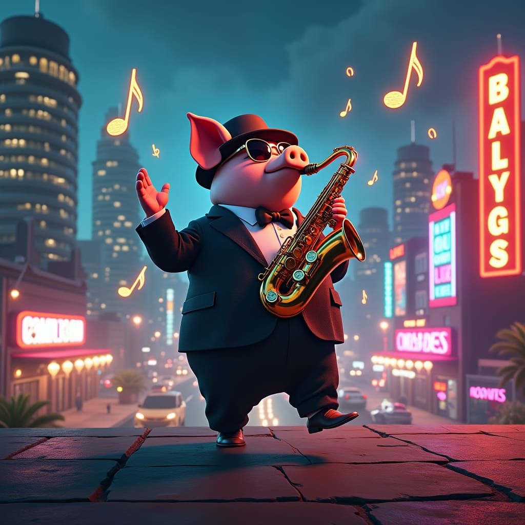 Saxophone Pig Dances on City Rooftop