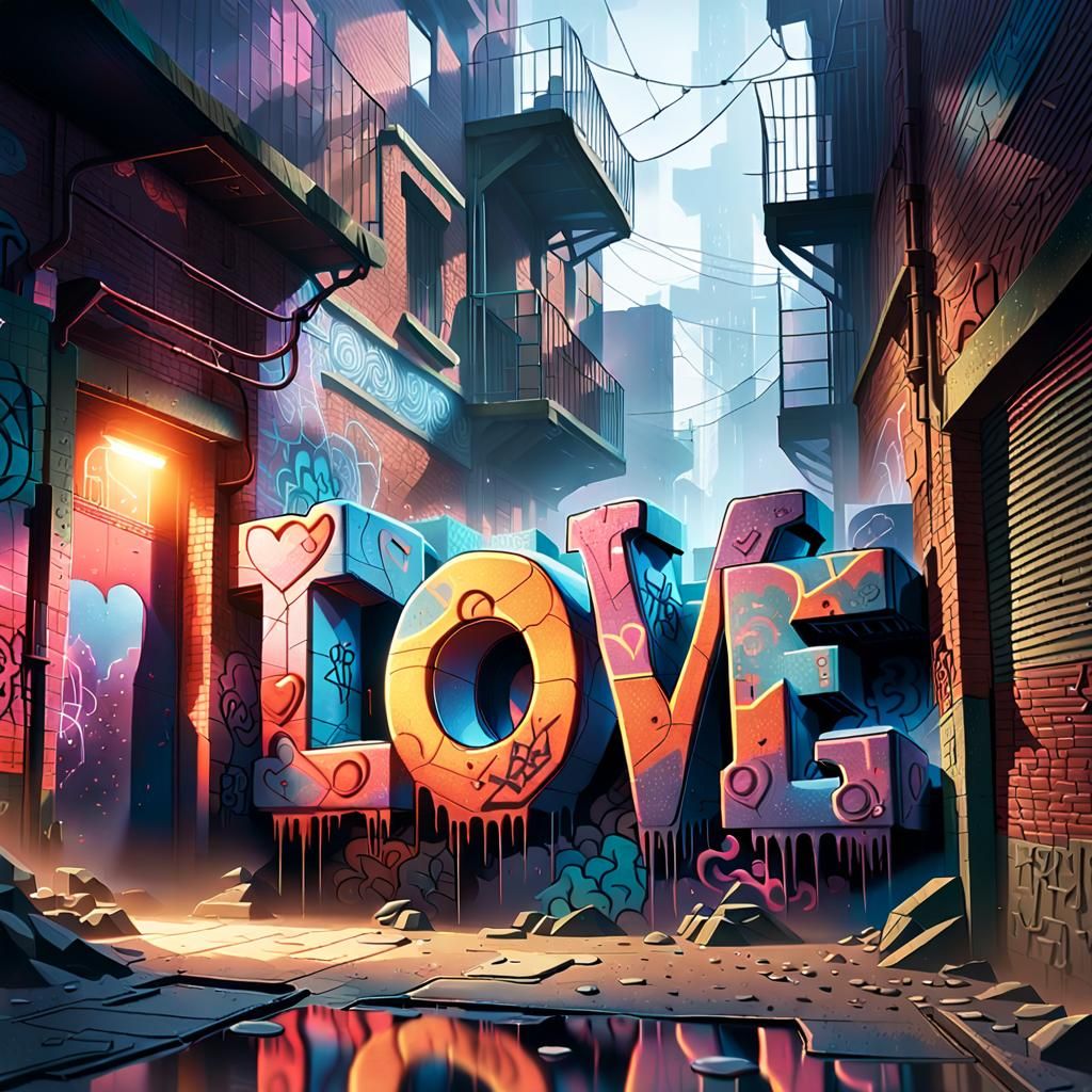 LOVE Graffiti in Misty Alleyway: Digital Illustration