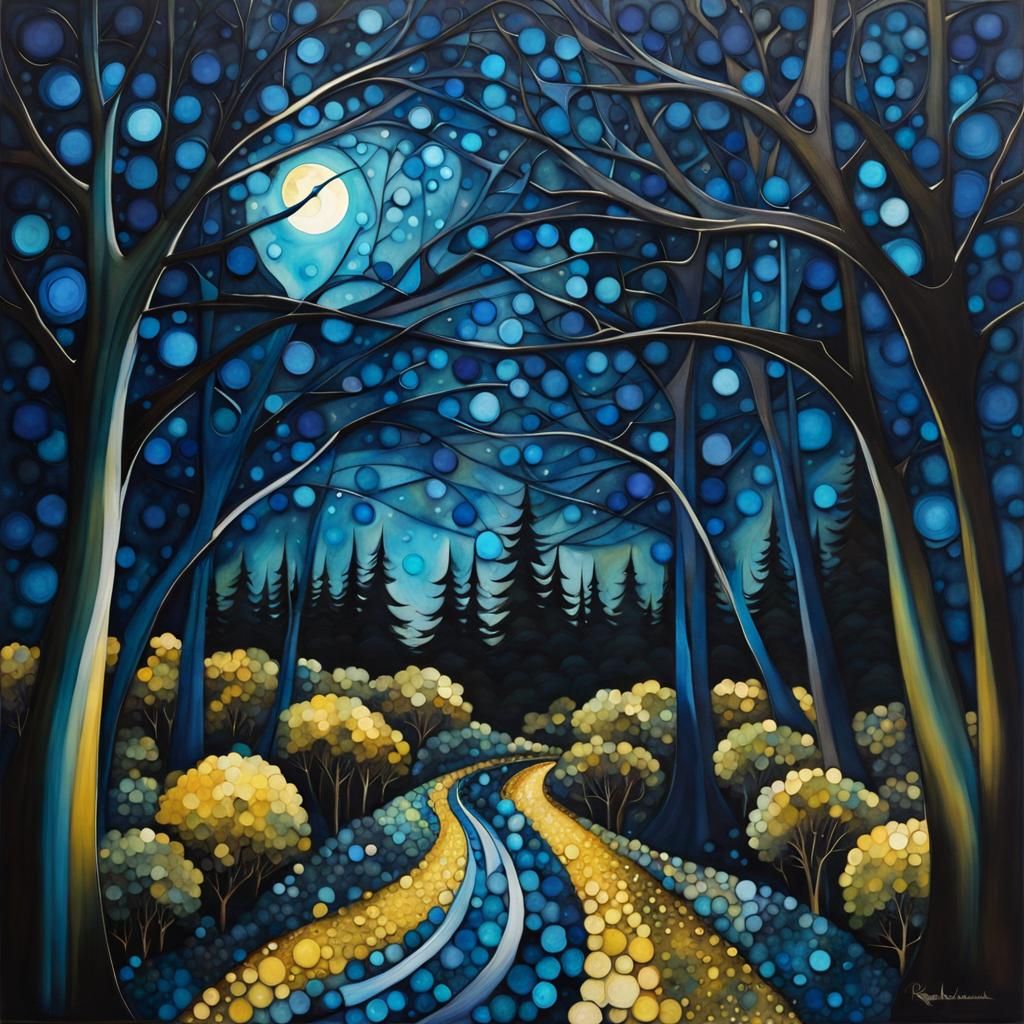 Moonlit Pathway Through Arabesque Forest in Alcohol Ink