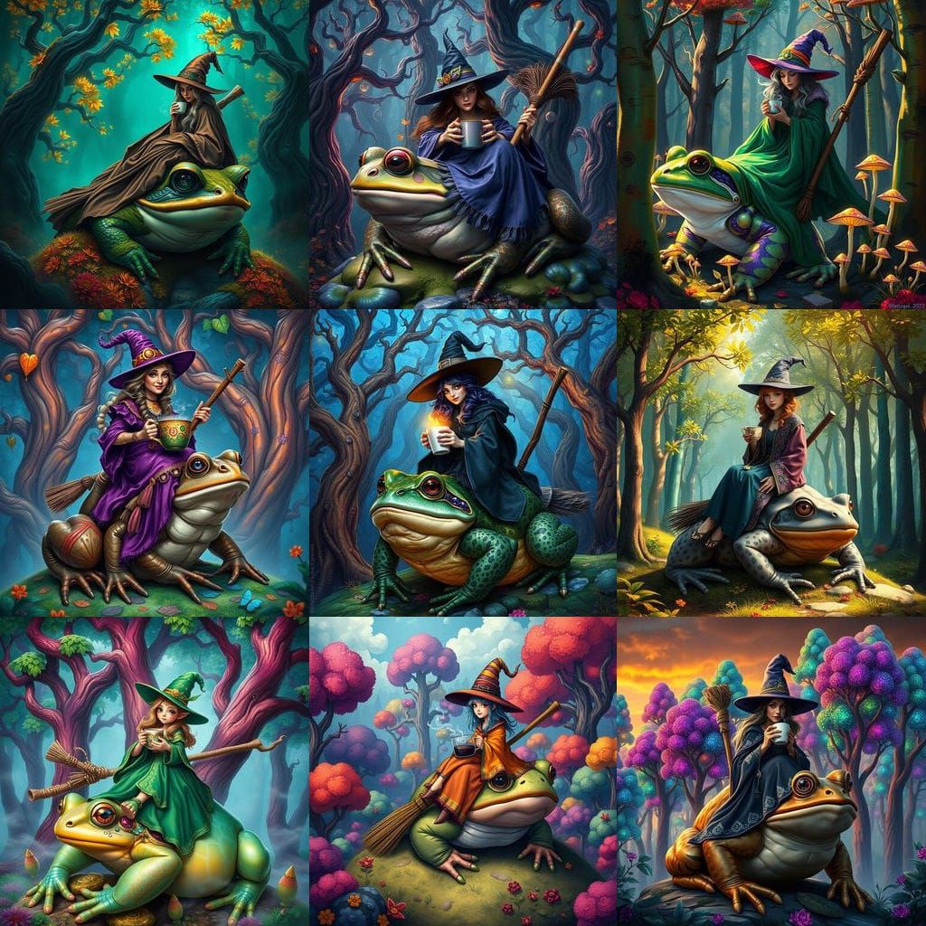 Fantastical Witch Enjoys Coffee on a Colorful Toad in a Drea...