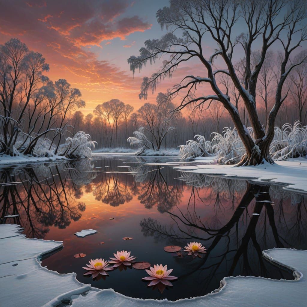 Winter Surrealist Landscape with Frosty Trees and Blooming W...