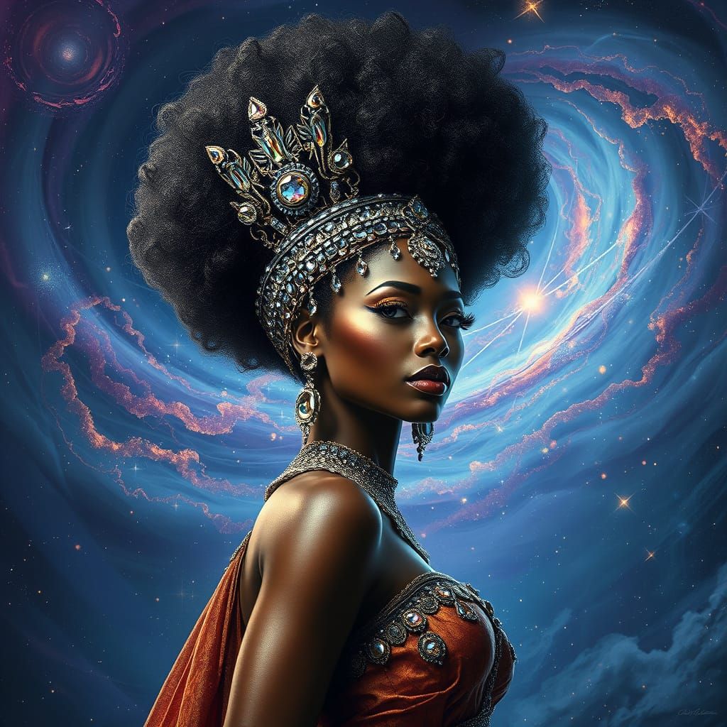 Regal Black Queen in Astral Cosmos as Digital Art