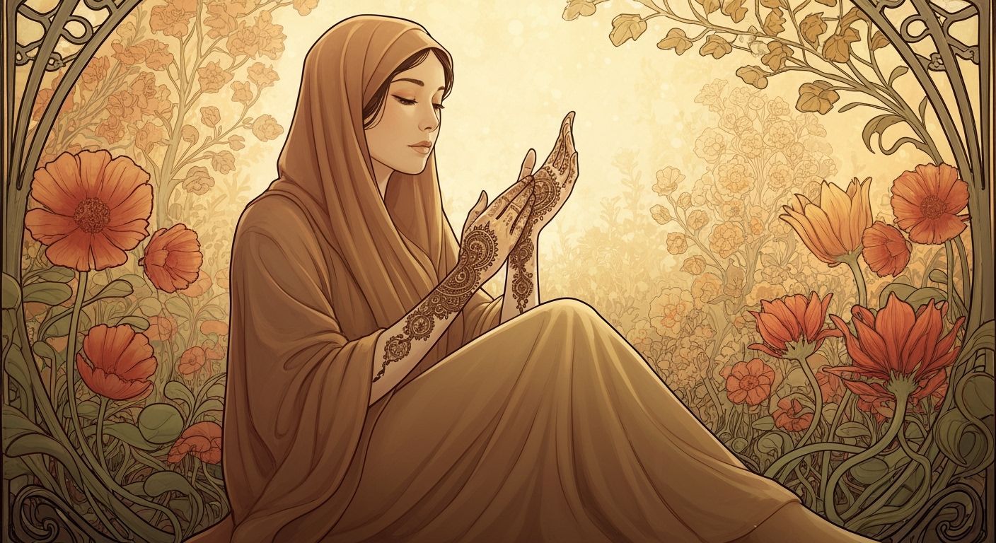 Art Nouveau Muslim Woman in Sunlit Garden