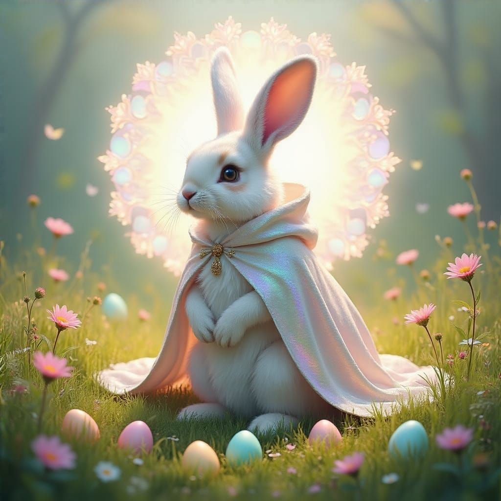 Ethereal Easter Bunny in Opalescent Cloak amidst Vibrant Wil...