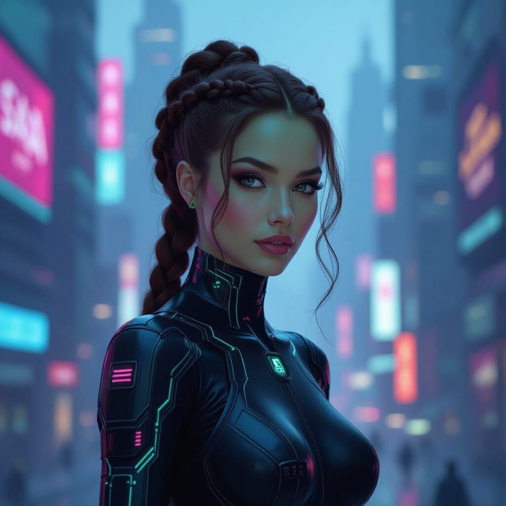 Green-Skinned Woman in Cyberpunk Cityscape