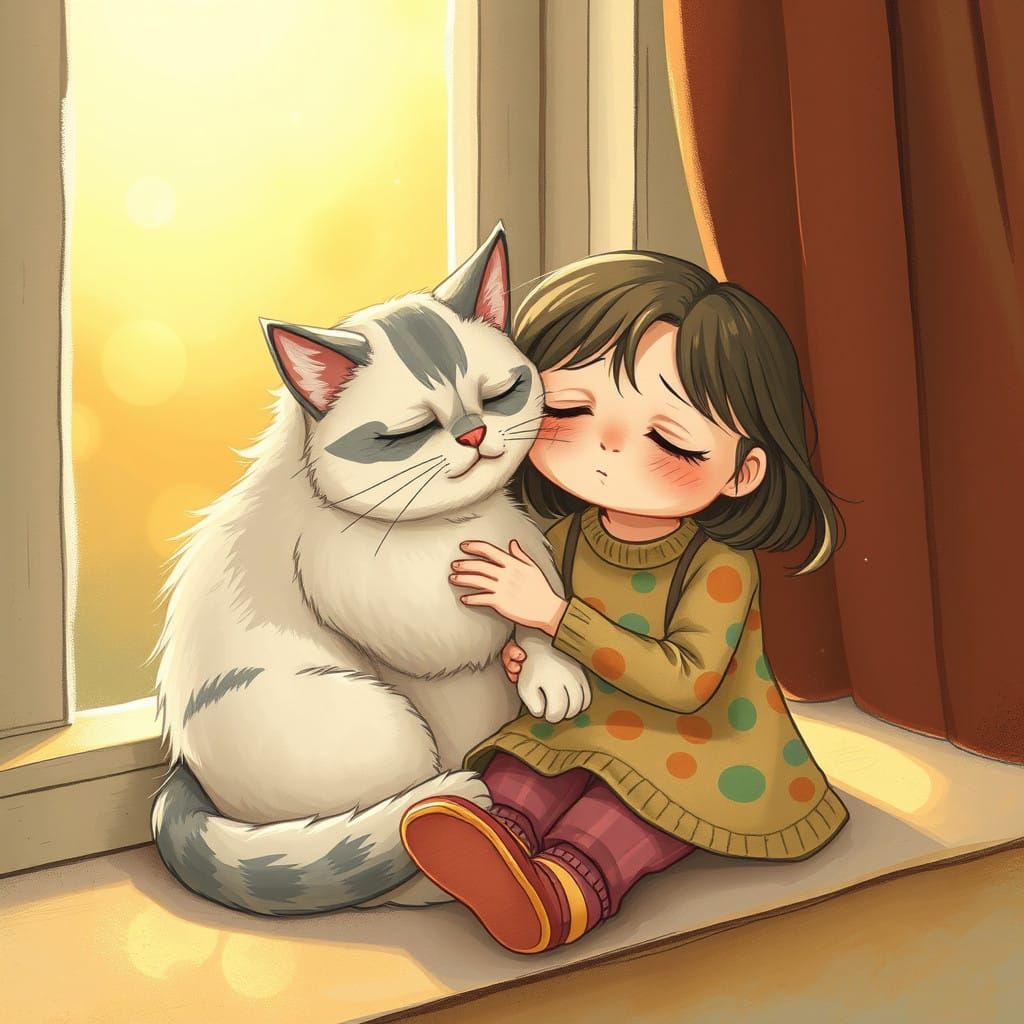 Cat Offers Comfort to Distraught Young Girl in Warm, Cozy Sc...