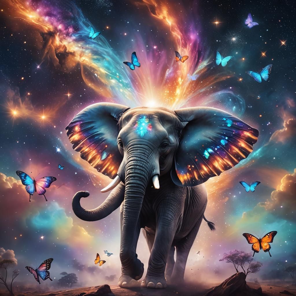 Cosmic Elephant with Butterfly Wings, Pablo Amaringo Style