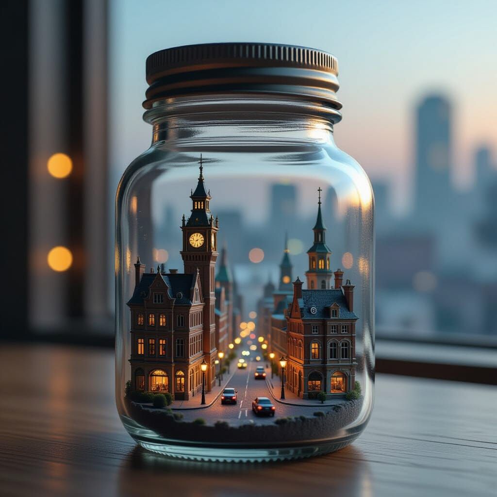 Miniature Cityscape in Glass Jar: Digital Concept Art