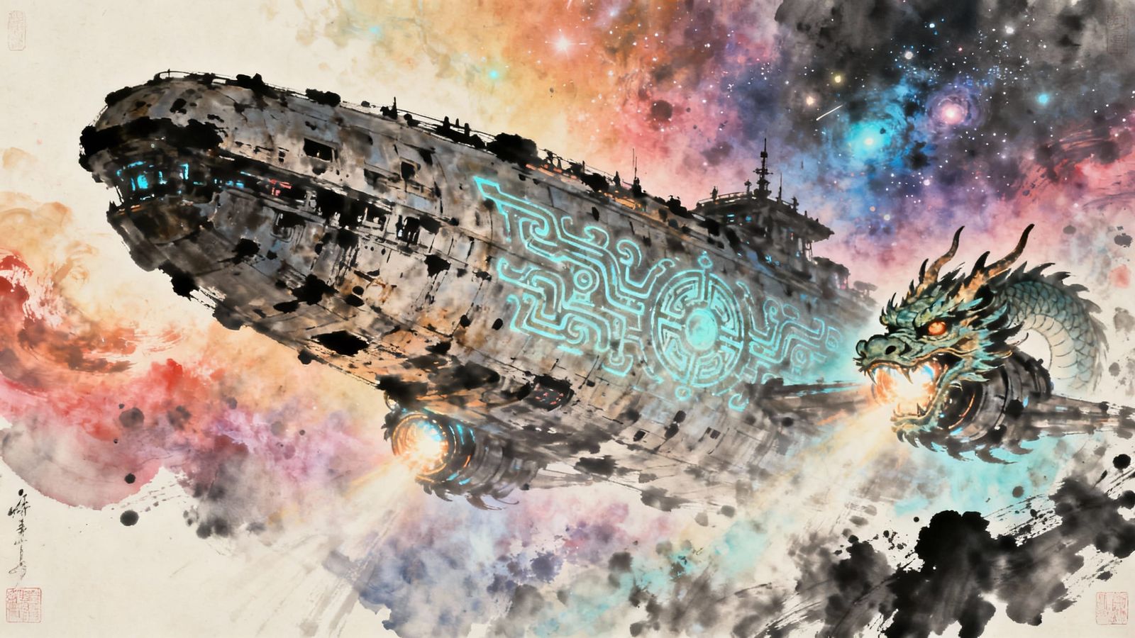 Ancient Spaceship Drifts Through Nebula in Chinese Ink Style
