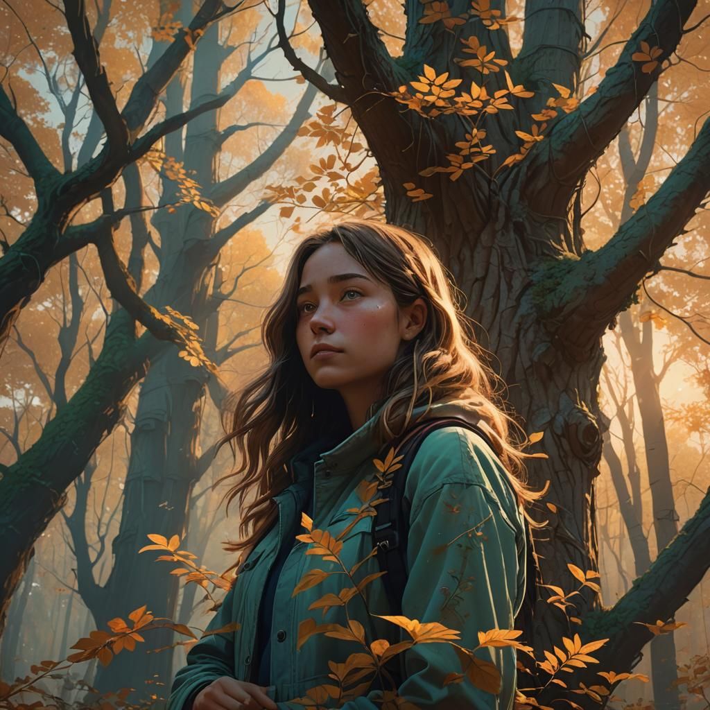 Woman Embracing Luminous Tree in Mystical Forest