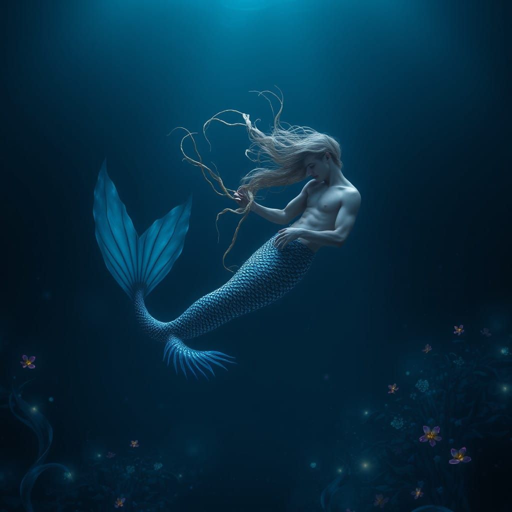 Surreal Mermaid and Lover in Bioluminescent Seascape