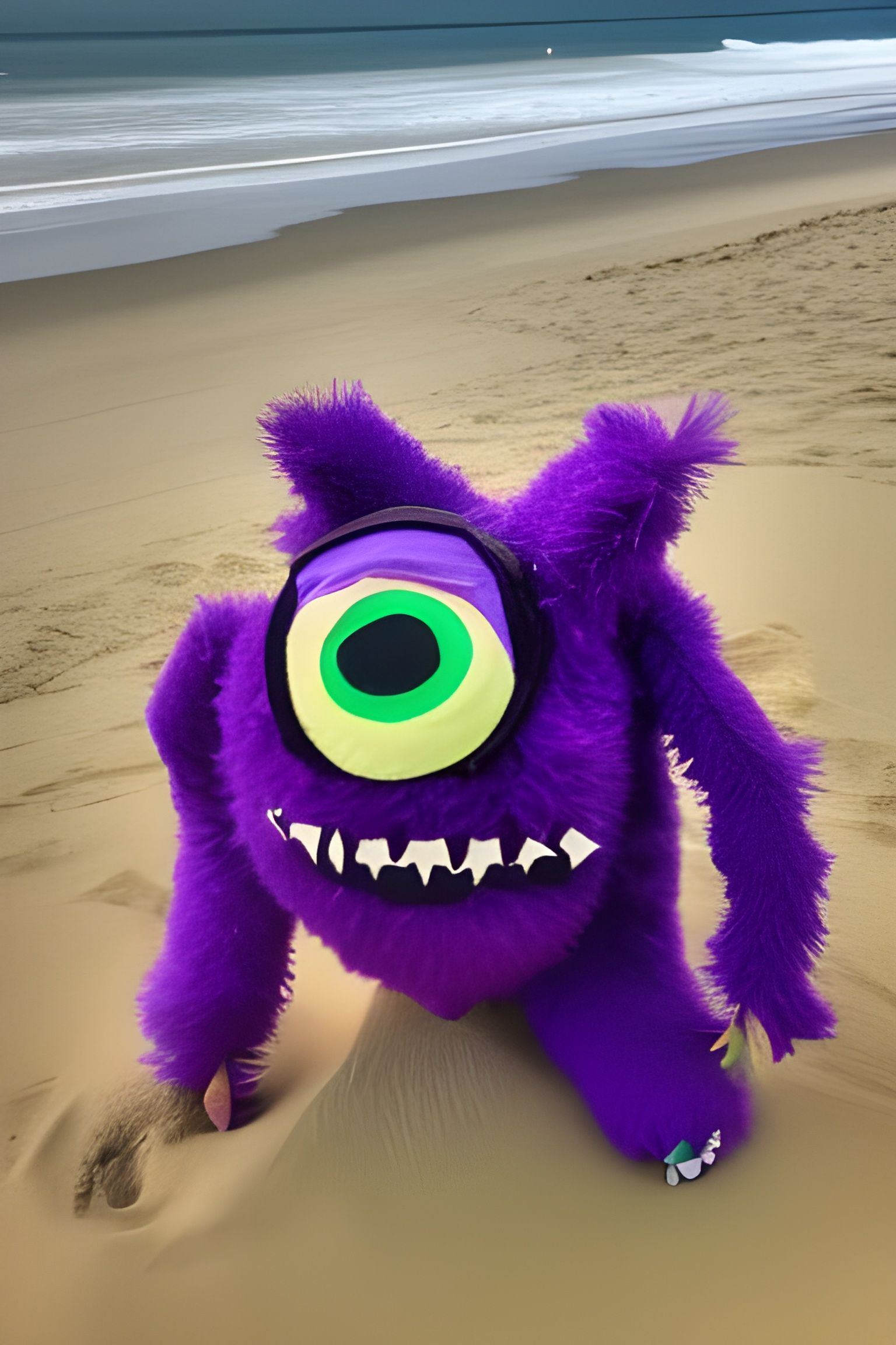 Purple Fuzzy Monster Plays at the Beach