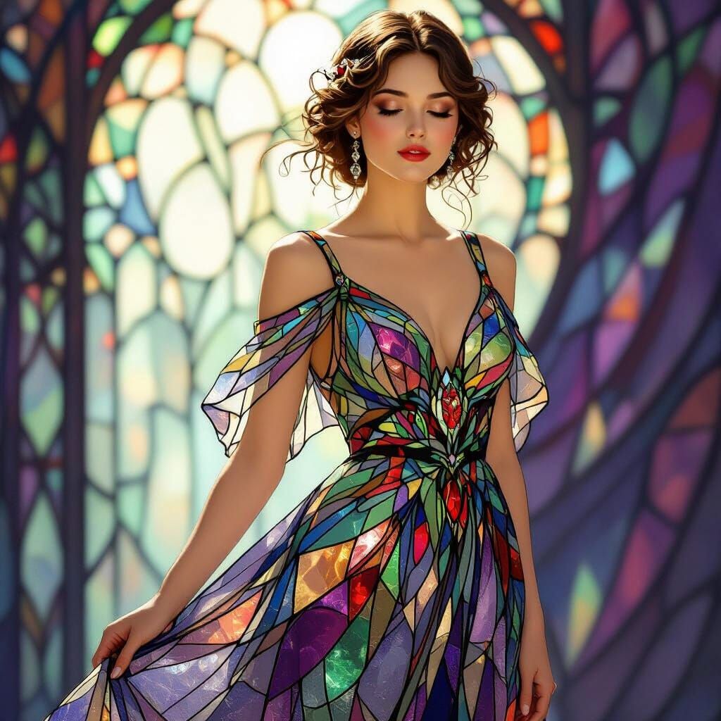 Woman in Intricate Stained-Glass Dress