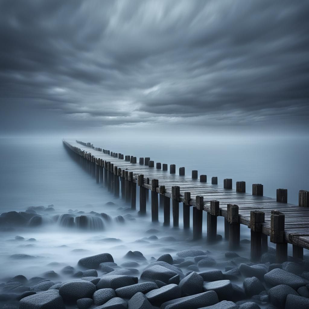 Misty Dawn Breakwater: Long Exposure Digital Painting