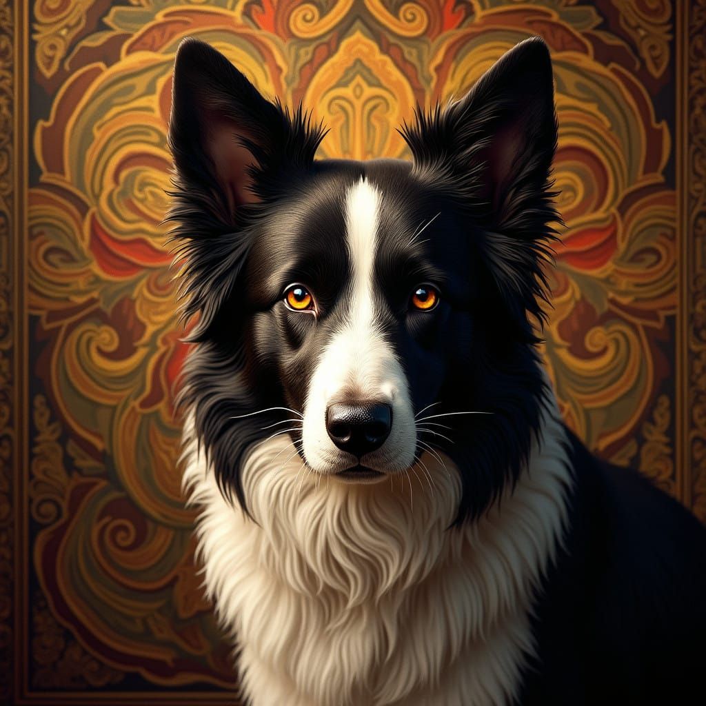 Elegant Border Collie Portrait in Art Nouveau Style with Unr...