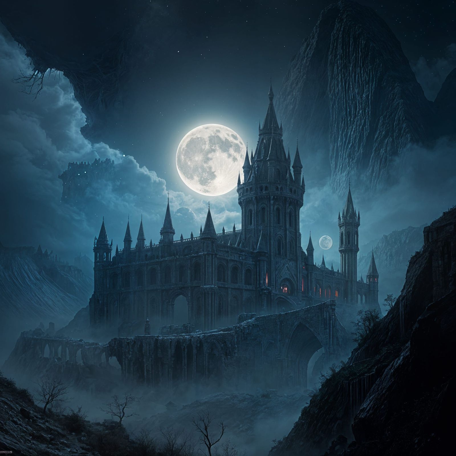 Fantastical Fortress Under Full Moonlight