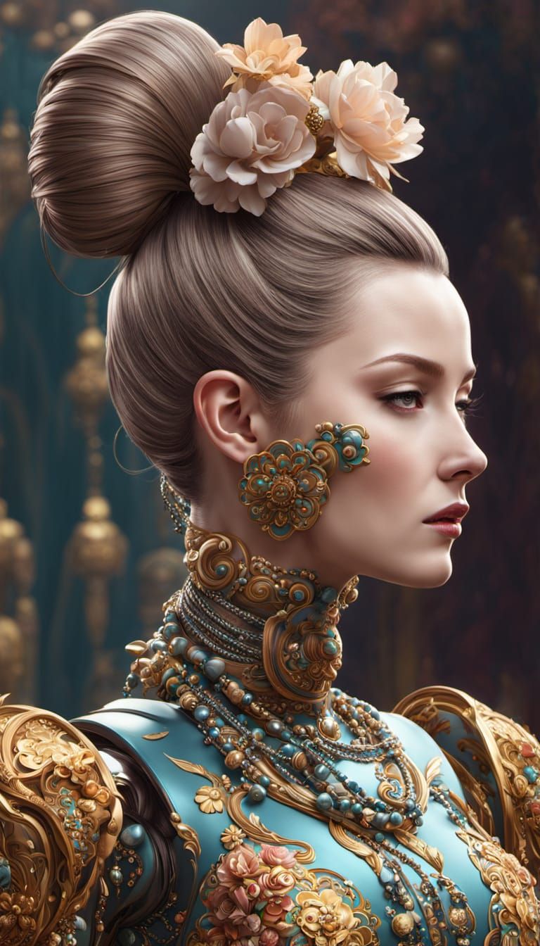 Elegant Robot with Floral Design in Digital Painting