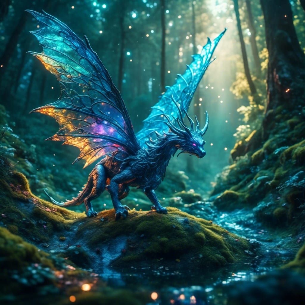 Sapphire Dragon Fairy Flies Through Magical Forest