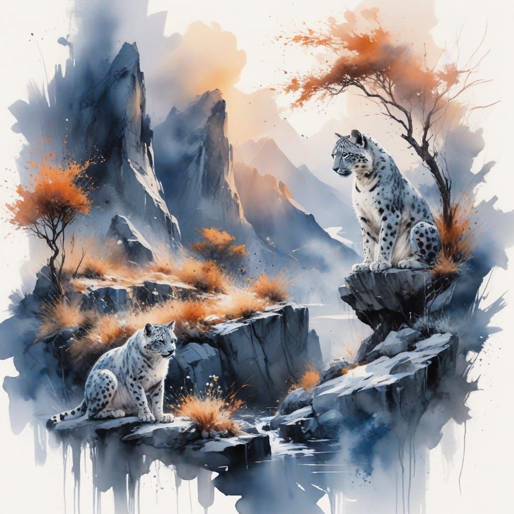 Snow Leopard in Sumi Ink Himalayan Pass