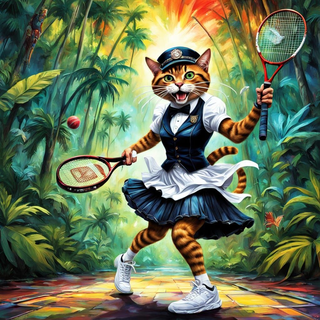 Steampunk Cat Tennis Player in Tropical Graffiti Art