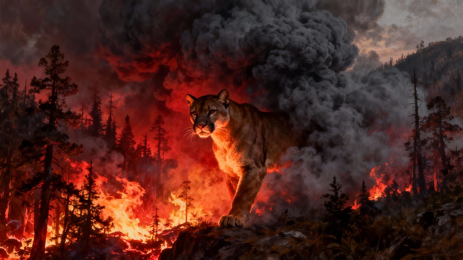 Mountain Lion Emerges From Raging Wildfire