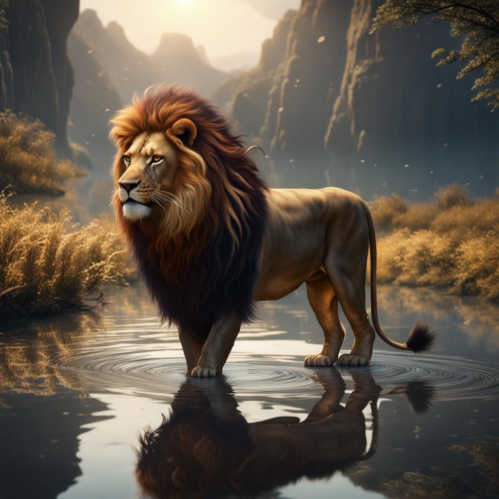 lion, full mane, gazing at his reflection in a river