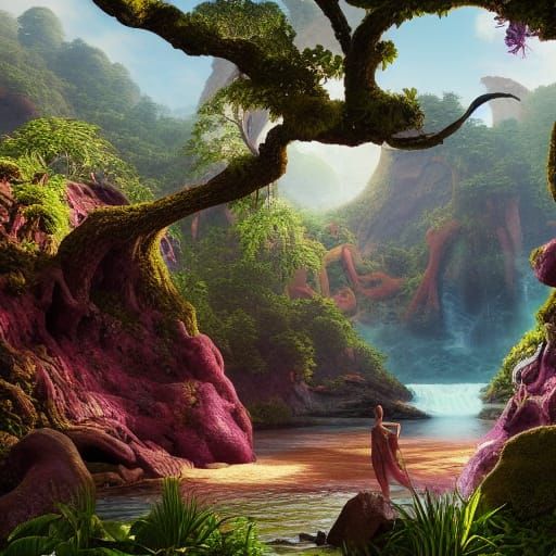 Adam and Eve in Eden: Detailed Matte Painting