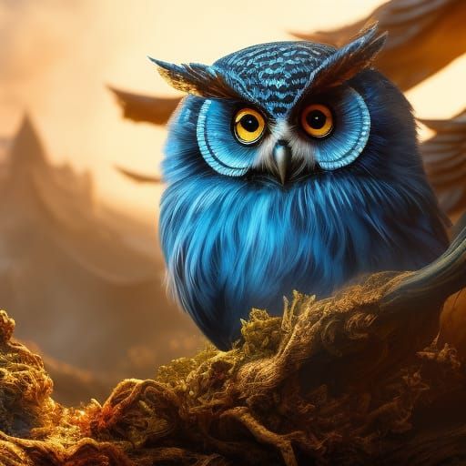 Magical Owl Face with Gold Feathers, Detailed Art