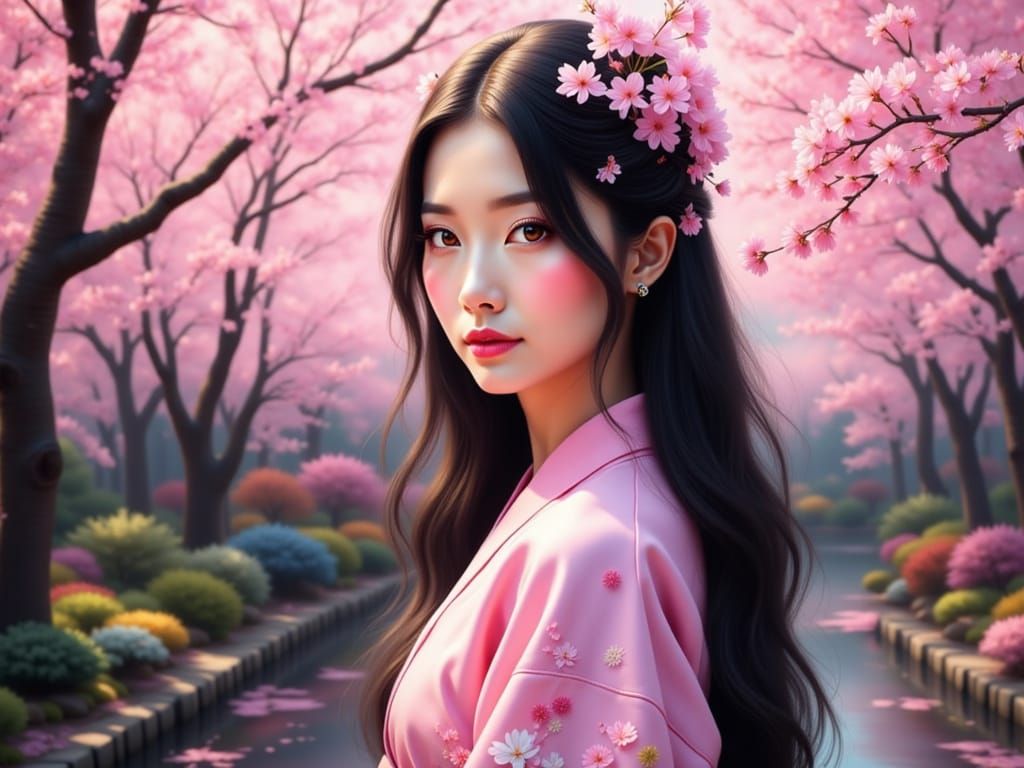 Samurai Woman Under Cherry Blossoms: Detailed Painting