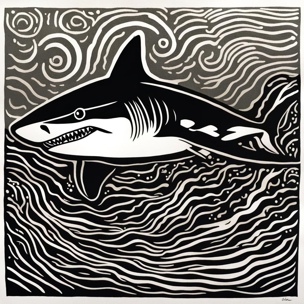 Linocut Shark Swimming Underwater