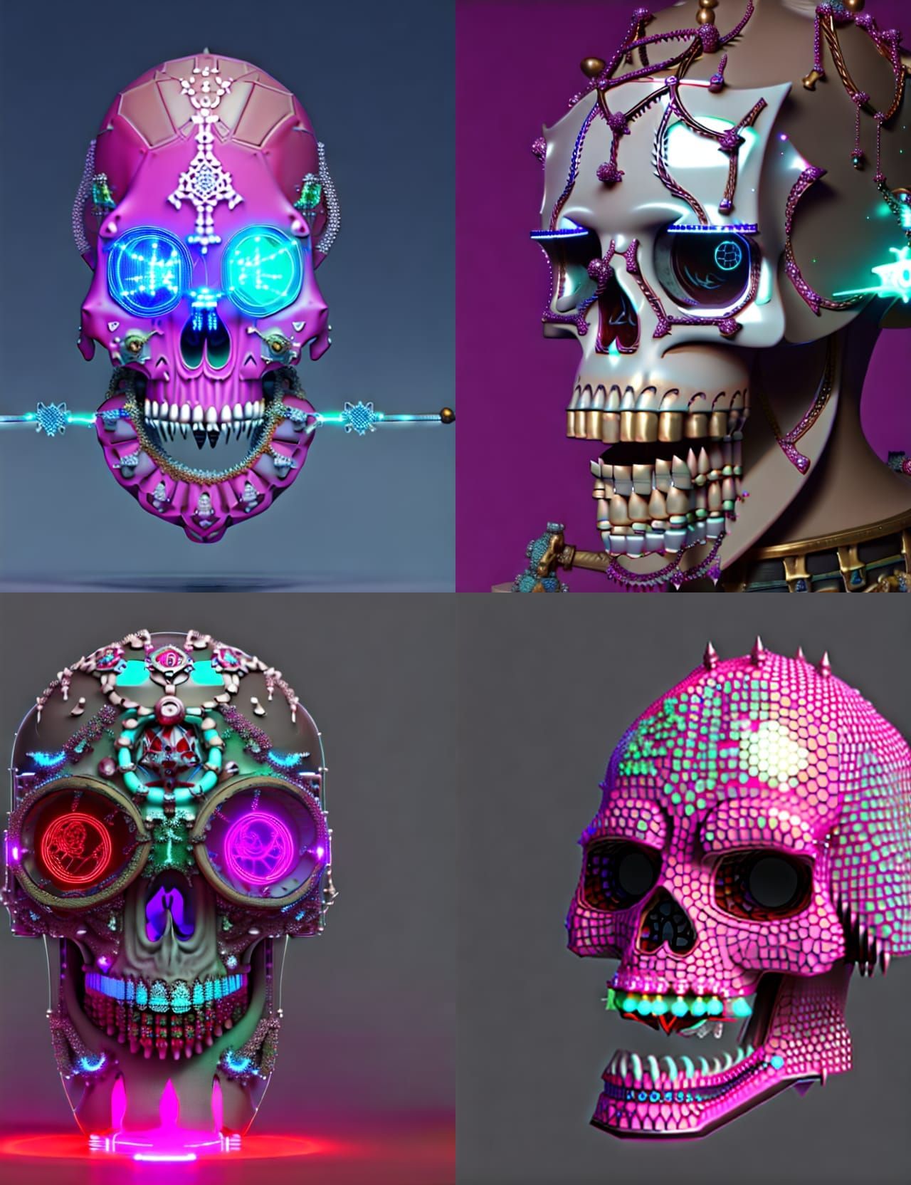 Illuminated Automaton Skull with Chrome Filigree, 3D Render