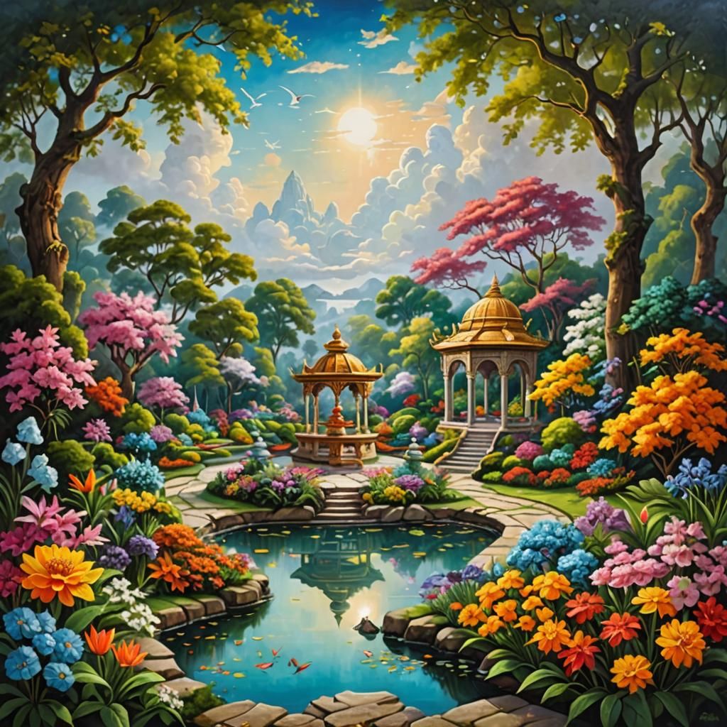 Heavenly Garden Painting from Hindu Mythology