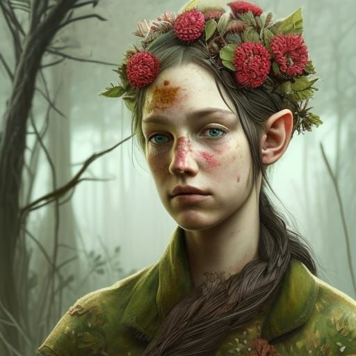 Elven Girl Portrait with Flowing Floral Hair
