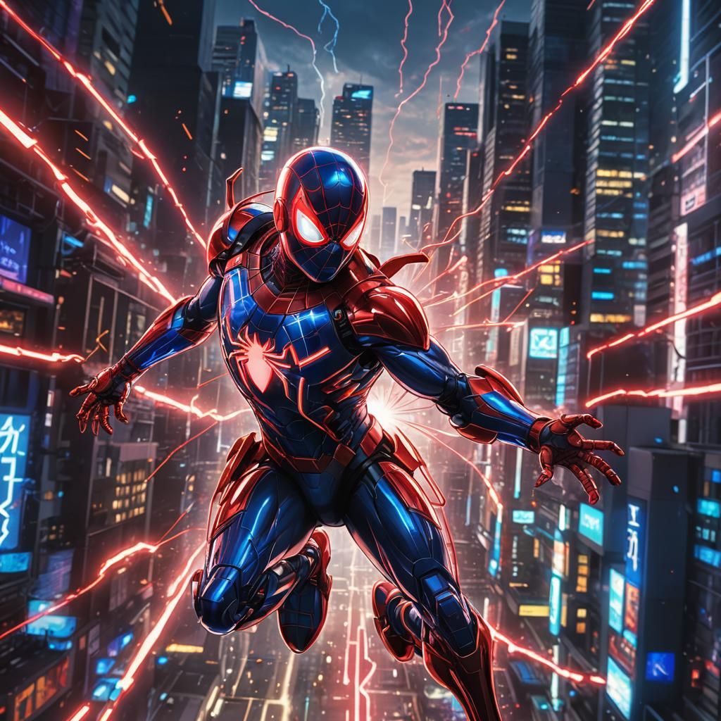 Armored Spiderman Megaman in a Futuristic Anime Style